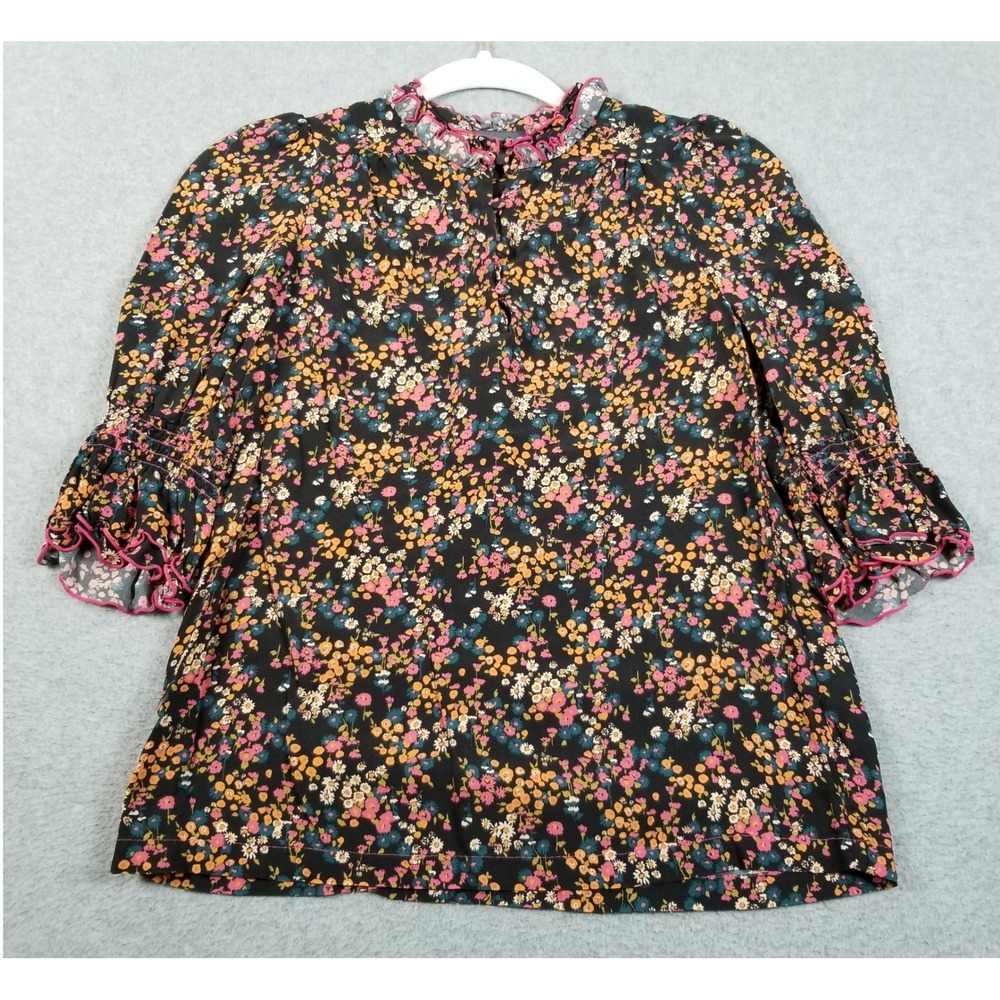 Wyse London Blouse Womens 0 Black Floral Ruffle Neck Smock Cuff Whimsy Boho Top